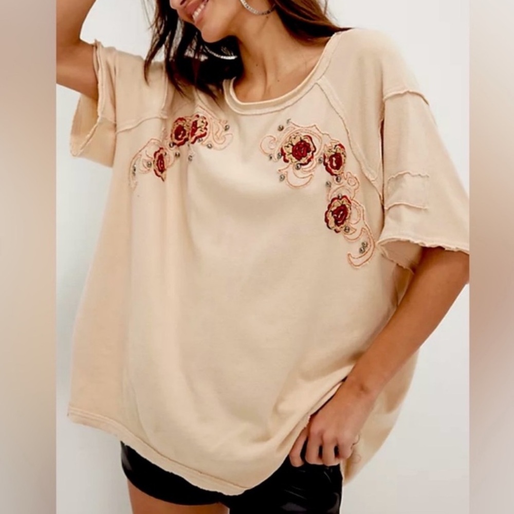 Free People Cream Short Sleeve Embroidered Floral Tee